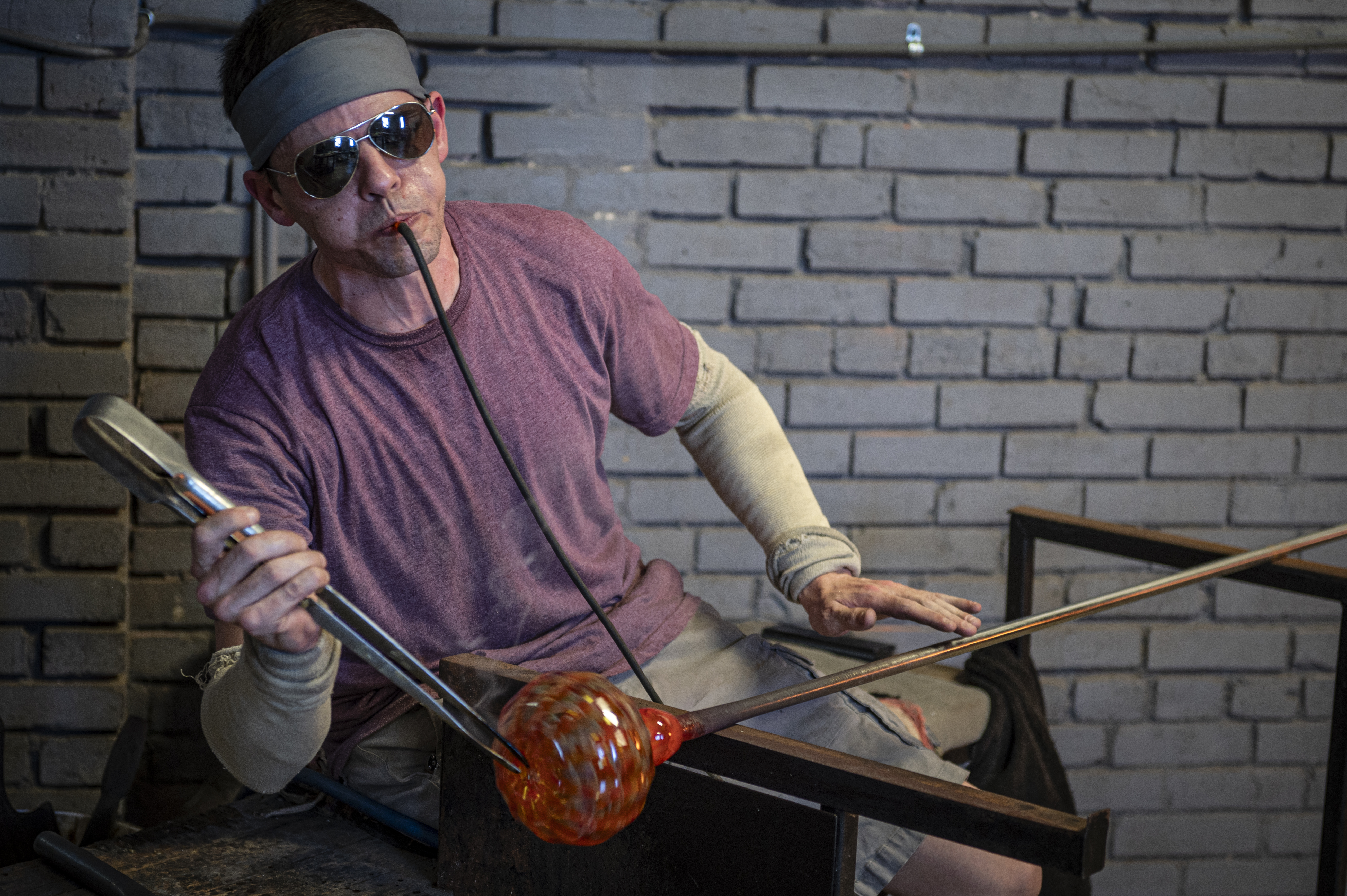 Blowing the glass pumpkin